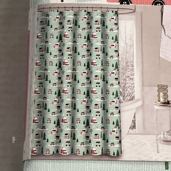 Twilight Town Christmas Fabric Shower Curtain Holiday Light Green Outdoor Snow - Picture 4 of 8
